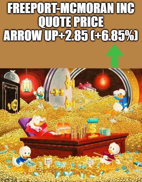 Can you imagine anyone else with Billions willing to take all the abuse he has ? Donald Trump.. its amazing. | FREEPORT-MCMORAN INC
QUOTE PRICE ARROW UP+2.85 (+6.85%) | made w/ Imgflip meme maker