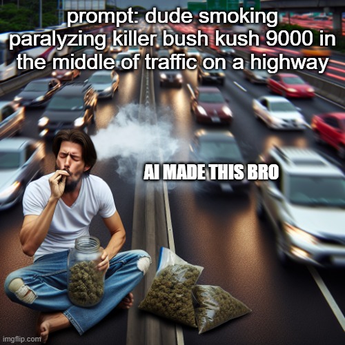 aint no way dawg | prompt: dude smoking paralyzing killer bush kush 9000 in the middle of traffic on a highway; AI MADE THIS BRO | made w/ Imgflip meme maker