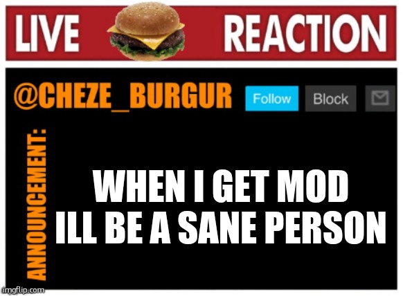 holy throwback with the temp | WHEN I GET MOD ILL BE A SANE PERSON | image tagged in old chezeburgur announcment | made w/ Imgflip meme maker