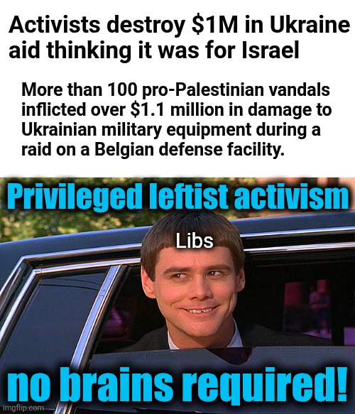 Actually, there was no thinking involved | Activists destroy $1M in Ukraine
aid thinking it was for Israel; More than 100 pro-Palestinian vandals
inflicted over $1.1 million in damage to
Ukrainian military equipment during a
raid on a Belgian defense facility. Privileged leftist activism; Libs; no brains required! | image tagged in lloyd christmas limo,memes,ukraine,belgium,military aid,activists | made w/ Imgflip meme maker