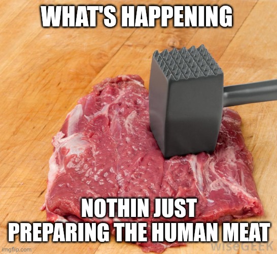 beating my meat | WHAT'S HAPPENING NOTHIN JUST PREPARING THE HUMAN MEAT | image tagged in beating my meat | made w/ Imgflip meme maker