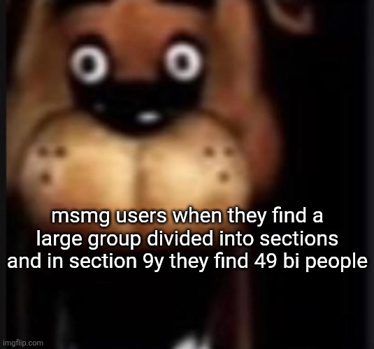 9y49bi | msmg users when they find a large group divided into sections and in section 9y they find 49 bi people | image tagged in fred fazbar | made w/ Imgflip meme maker