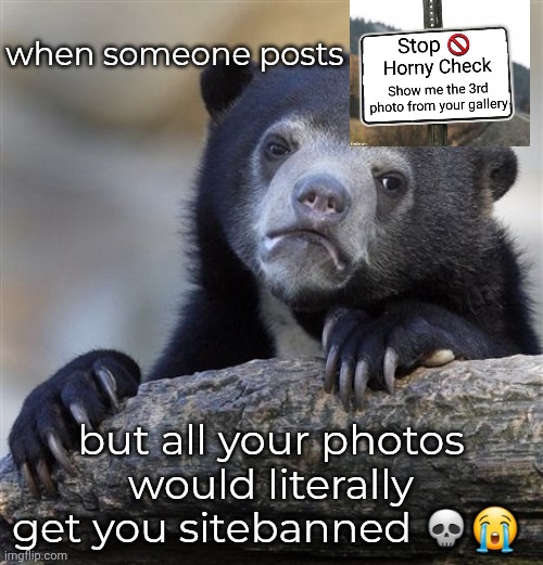 Reel | when someone posts; but all your photos would literally get you sitebanned 💀😭 | image tagged in memes,confession bear | made w/ Imgflip meme maker