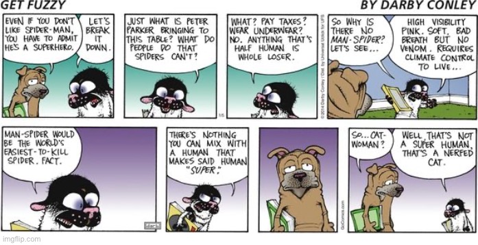 A discussion of comic book characters… | image tagged in comics,get fuzzy,cat and dog | made w/ Imgflip meme maker