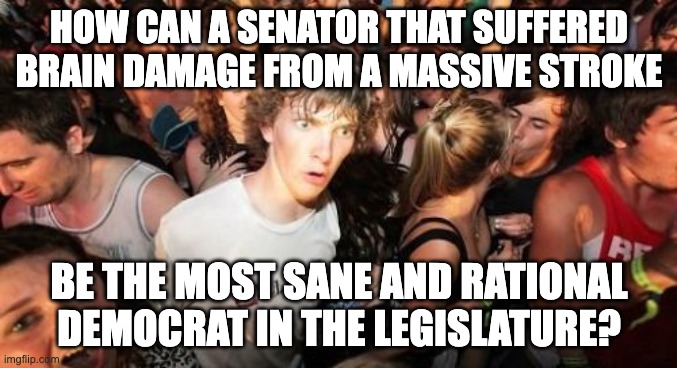 Sudden Clarity Clarence | HOW CAN A SENATOR THAT SUFFERED BRAIN DAMAGE FROM A MASSIVE STROKE; BE THE MOST SANE AND RATIONAL DEMOCRAT IN THE LEGISLATURE? | image tagged in memes,sudden clarity clarence | made w/ Imgflip meme maker