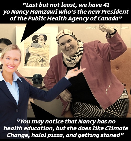 And geo engineering to be fair. But hiring someone with no directly related skills, is a sign of a well oiled deep-state | "Last but not least, we have 41 yo Nancy Hamzawi who's the new President of the Public Health Agency of Canada"; "You may notice that Nancy has no health education, but she does like Climate Change, halal pizza, and getting stoned" | image tagged in canada,diversity,woke,funny,sarcasm | made w/ Imgflip meme maker