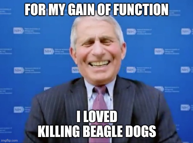 Fauci laughs at the suckers | FOR MY GAIN OF FUNCTION I LOVED KILLING BEAGLE DOGS | image tagged in fauci laughs at the suckers | made w/ Imgflip meme maker