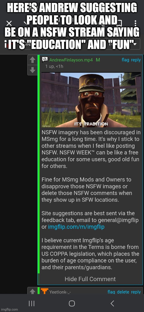 Here you go chrono, you should email this. He's suggesting people to look at porn | HERE'S ANDREW SUGGESTING PEOPLE TO LOOK AND BE ON A NSFW STREAM SAYING IT'S "EDUCATION" AND "FUN" | made w/ Imgflip meme maker