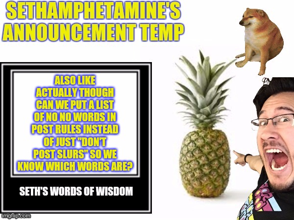 Seth's announcement temp | ALSO LIKE ACTUALLY THOUGH CAN WE PUT A LIST OF NO NO WORDS IN POST RULES INSTEAD OF JUST "DON'T POST SLURS" SO WE KNOW WHICH WORDS ARE? | image tagged in seth's announcement temp | made w/ Imgflip meme maker
