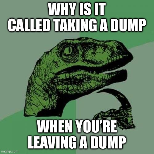 Philosoraptor | WHY IS IT CALLED TAKING A DUMP; WHEN YOU’RE LEAVING A DUMP | image tagged in memes,philosoraptor | made w/ Imgflip meme maker