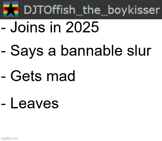 is this the new imgflip meta? | - Joins in 2025; - Says a bannable slur; - Gets mad; - Leaves | made w/ Imgflip meme maker