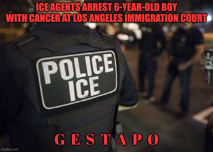 Gestapo | ICE AGENTS ARREST 6-YEAR-OLD BOY WITH CANCER AT LOS ANGELES IMMIGRATION COURT; G  E  S  T  A  P  O | image tagged in trump,gop,maga,nazis,fascists,child abuse | made w/ Imgflip meme maker