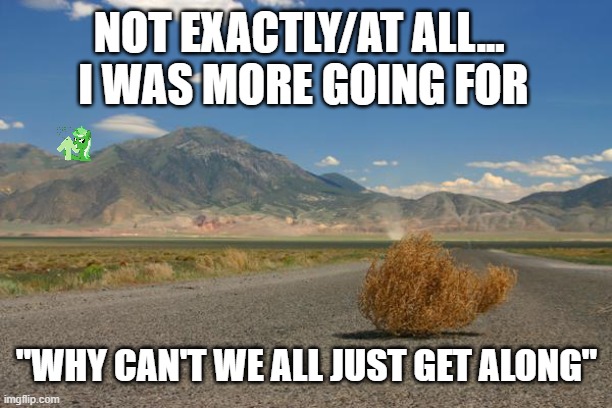 tumbleweed | NOT EXACTLY/AT ALL... 
I WAS MORE GOING FOR "WHY CAN'T WE ALL JUST GET ALONG" | image tagged in tumbleweed | made w/ Imgflip meme maker