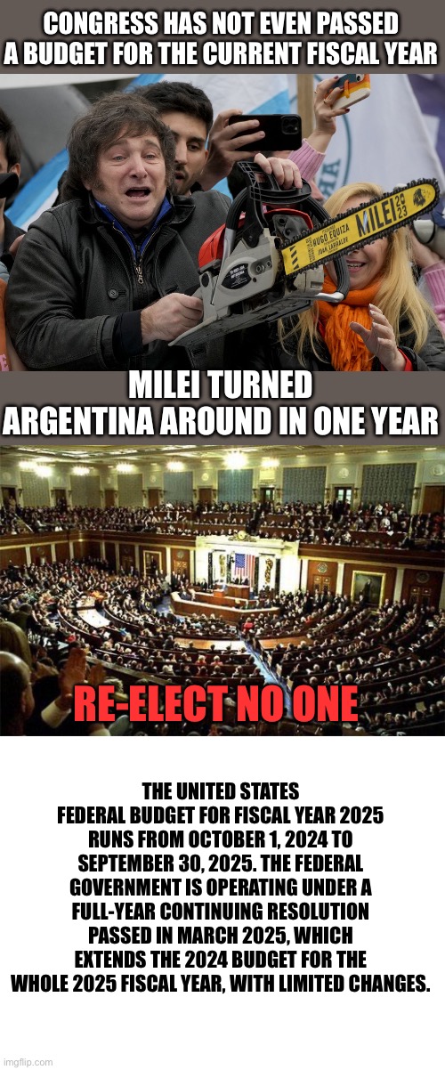 The problem is all 535 representatives and senators. Reelect no one! Cut the spending now! | CONGRESS HAS NOT EVEN PASSED A BUDGET FOR THE CURRENT FISCAL YEAR MILEI TURNED ARGENTINA AROUND IN ONE YEAR RE-ELECT NO ONE THE UNITED STATE | image tagged in congress,spending,budget,re elect no one | made w/ Imgflip meme maker