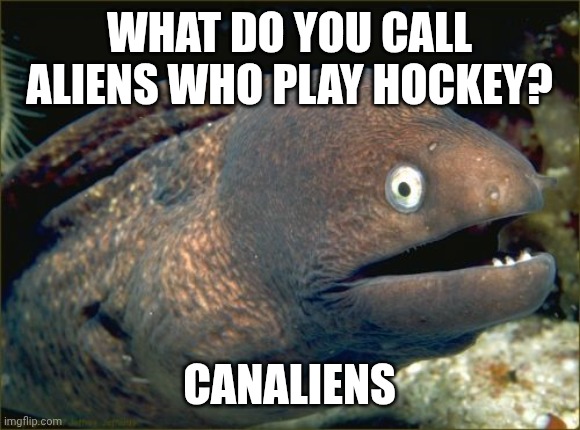 Bad Joke Eel | WHAT DO YOU CALL ALIENS WHO PLAY HOCKEY? CANALIENS | image tagged in memes,bad joke eel,canadians,aliens | made w/ Imgflip meme maker