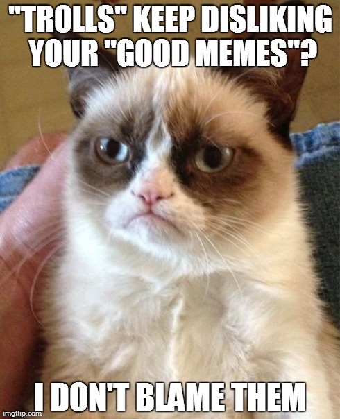 Grumpy Cat Meme | "TROLLS" KEEP DISLIKING YOUR "GOOD MEMES"? I DON'T BLAME THEM | image tagged in memes,grumpy cat | made w/ Imgflip meme maker