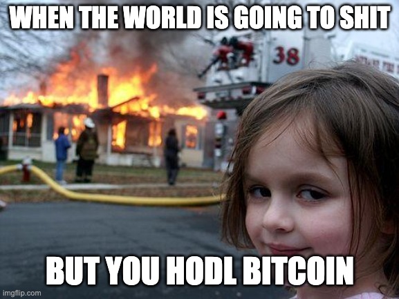 Disaster Girl | WHEN THE WORLD IS GOING TO SHIT; BUT YOU HODL BITCOIN | image tagged in memes,disaster girl | made w/ Imgflip meme maker