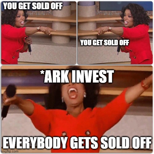 Oprah "You get x, you get x, everybody gets x!" | YOU GET SOLD OFF; YOU GET SOLD OFF; *ARK INVEST; EVERYBODY GETS SOLD OFF | image tagged in oprah you get x you get x everybody gets x | made w/ Imgflip meme maker