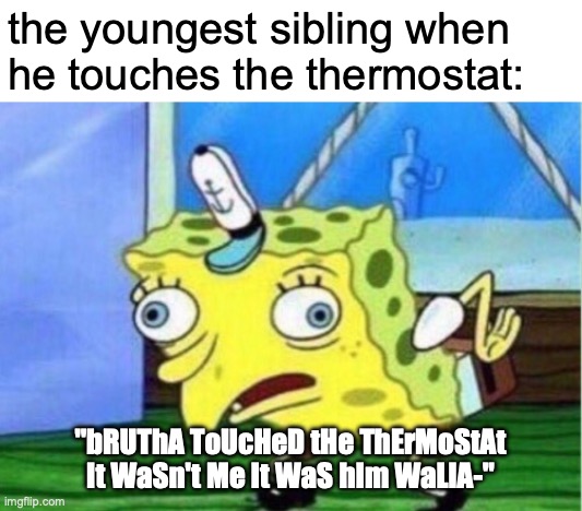 I think bro wants us to get grounded | the youngest sibling when he touches the thermostat:; "bRUThA ToUcHeD tHe ThErMoStAt It WaSn't Me It WaS hIm WaLlA-" | image tagged in memes,mocking spongebob,funny,siblings,thermostat,relatable | made w/ Imgflip meme maker
