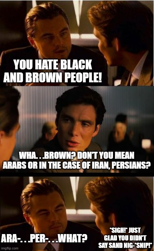 Been noticing more stupid, idiotic, and oblivious racism from dems/leftists. . . | YOU HATE BLACK AND BROWN PEOPLE! WHA. . .BROWN? DON'T YOU MEAN ARABS OR IN THE CASE OF IRAN, PERSIANS? *SIGH!* JUST GLAD YOU DIDN'T SAY SAND NIG-*SNIP!*; ARA-. . .PER-. . .WHAT? | image tagged in memes,inception,democrats,leftists,racism,political meme | made w/ Imgflip meme maker