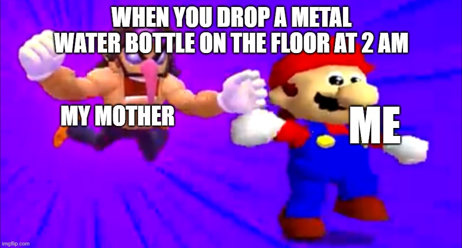 funny meme | WHEN YOU DROP A METAL WATER BOTTLE ON THE FLOOR AT 2 AM; MY MOTHER; ME | image tagged in mario running away from waluigi | made w/ Imgflip meme maker
