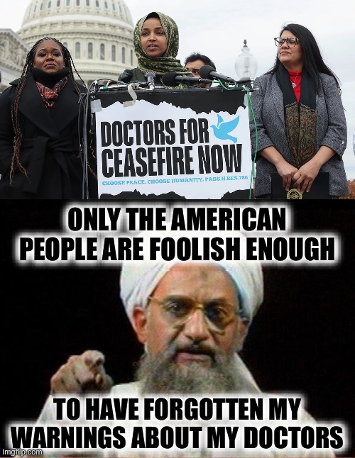 Dr. Zawahri | ONLY THE AMERICAN PEOPLE ARE FOOLISH ENOUGH; TO HAVE FORGOTTEN MY WARNINGS ABOUT MY DOCTORS | image tagged in ilhan omar,al qaeda,terrorism,terrorists,isis,stupid liberals | made w/ Imgflip meme maker