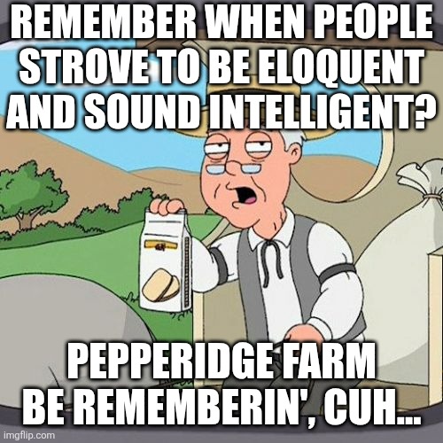 Pepperidge Farm Remembers Meme | REMEMBER WHEN PEOPLE STROVE TO BE ELOQUENT AND SOUND INTELLIGENT? PEPPERIDGE FARM BE REMEMBERIN', CUH... | image tagged in memes,pepperidge farm remembers | made w/ Imgflip meme maker