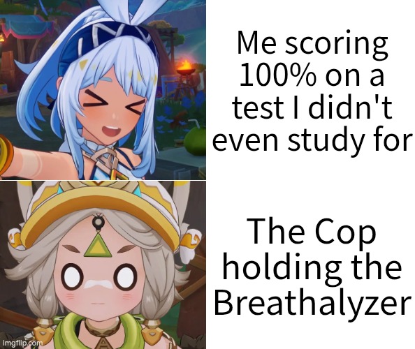Why are you so shock, Cop? Something wrong with the test? | Me scoring 100% on a test I didn't even study for; The Cop holding the Breathalyzer | image tagged in test,cop,score | made w/ Imgflip meme maker