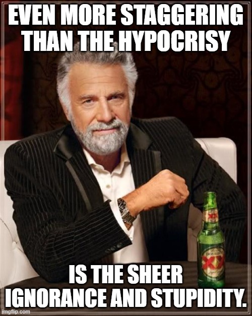 The Most Interesting Man In The World Meme | EVEN MORE STAGGERING THAN THE HYPOCRISY IS THE SHEER IGNORANCE AND STUPIDITY. | image tagged in memes,the most interesting man in the world | made w/ Imgflip meme maker