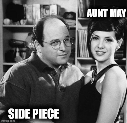 May's Side | AUNT MAY; SIDE PIECE | image tagged in spiderman,the avengers,funny memes,funny,memes,hahaha | made w/ Imgflip meme maker