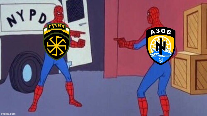 azov points at rusich | image tagged in spiderman pointing at spiderman,russo-ukrainian war,neo-nazis | made w/ Imgflip meme maker