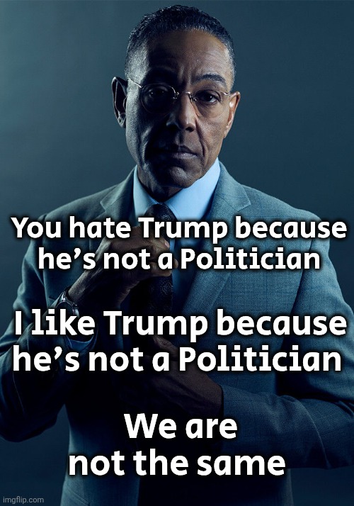 Gus Fring we are not the same | You hate Trump because he's not a Politician I like Trump because he's not a Politician We are not the same | image tagged in gus fring we are not the same | made w/ Imgflip meme maker