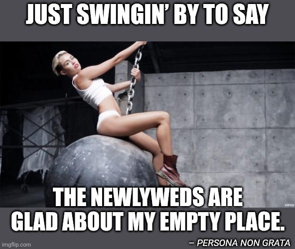 happy wedding day | JUST SWINGIN’ BY TO SAY; THE NEWLYWEDS ARE GLAD ABOUT MY EMPTY PLACE. – PERSONA NON GRATA | image tagged in miley cyrus wreckingball,memes,rejected,cancel culture,thug life,theme song | made w/ Imgflip meme maker