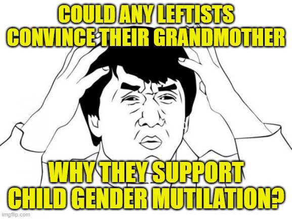 Jackie Chan WTF Meme | COULD ANY LEFTISTS CONVINCE THEIR GRANDMOTHER WHY THEY SUPPORT CHILD GENDER MUTILATION? | image tagged in memes,jackie chan wtf | made w/ Imgflip meme maker