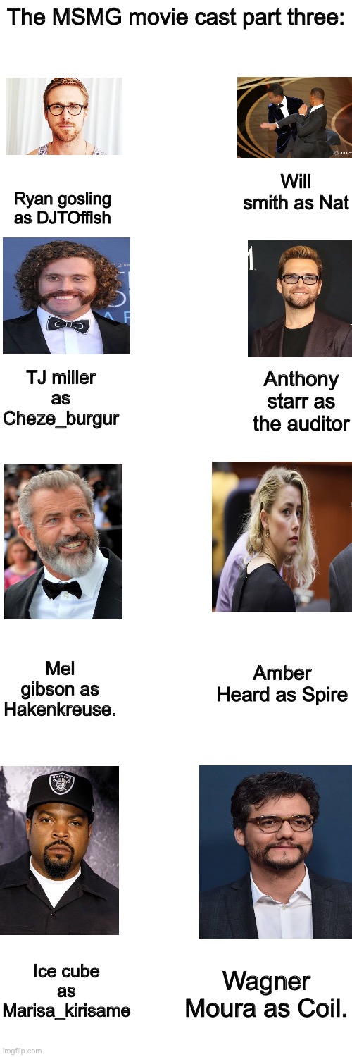 Part three is out | The MSMG movie cast part three:; Ryan gosling as DJTOffish; Will smith as Nat; TJ miller as Cheze_burgur; Anthony starr as the auditor; Mel gibson as Hakenkreuse. Amber Heard as Spire; Ice cube as Marisa_kirisame; Wagner Moura as Coil. | image tagged in the msmg movie cast,actor picks,trend | made w/ Imgflip meme maker