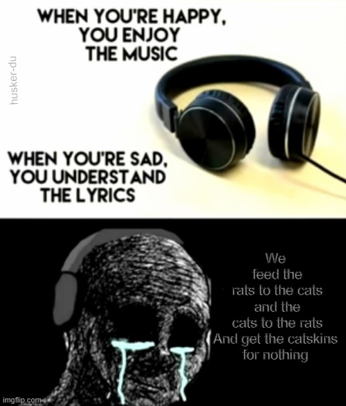 Sad Understanding The Lyrics | husker-du We
 feed the
 rats to the cats

 and the
 cats to the rats

And get the catskins
for nothing | image tagged in sad understanding the lyrics | made w/ Imgflip meme maker
