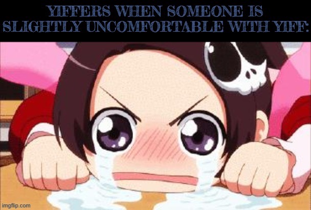 Yiff counts as zoophilia | image tagged in the crying anime girl,cute,anime,furry | made w/ Imgflip meme maker