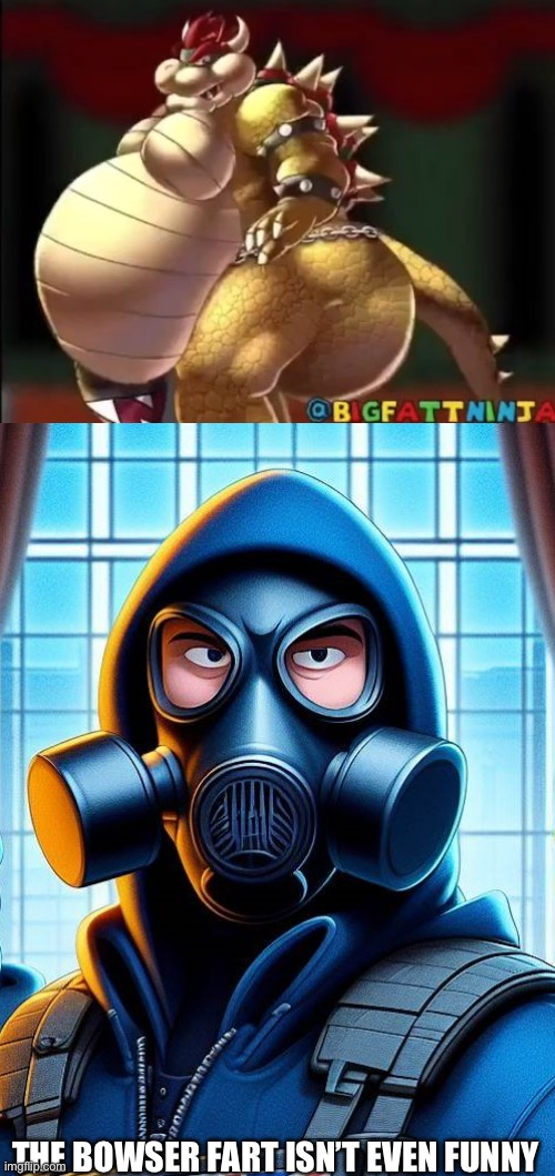 THE BOWSER FART ISN’T EVEN FUNNY | image tagged in bowser fart photo meme,annoyed gas mask guy | made w/ Imgflip meme maker