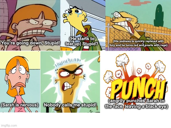 Ed Punches Sarah (SpongeBob Reference) | (He starts to tear up) Stupid? (His sadness is quickly replaced with fury and he turns red and snarls with rage); You’re going down, Stupid! (angrily punches Sarah in the face, leaving a black eye); (Sarah is nervous); Nobody calls me stupid! | image tagged in ed edd n eddy,cartoon network,spongebob,reference,funny,funny memes | made w/ Imgflip meme maker
