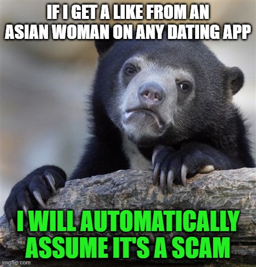 Better safe than sorry | IF I GET A LIKE FROM AN ASIAN WOMAN ON ANY DATING APP; I WILL AUTOMATICALLY ASSUME IT'S A SCAM | image tagged in memes,confession bear,asian,dating,tinder,scam | made w/ Imgflip meme maker
