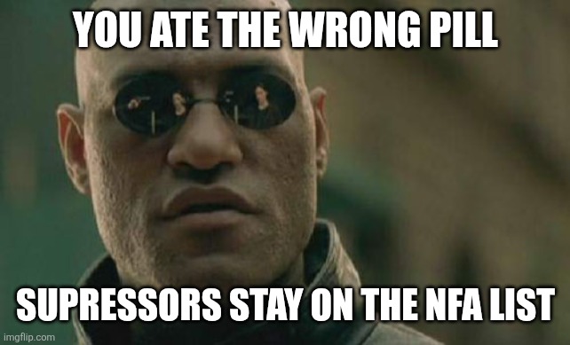 Matrix Morpheus | YOU ATE THE WRONG PILL; SUPRESSORS STAY ON THE NFA LIST | image tagged in memes,matrix morpheus | made w/ Imgflip meme maker
