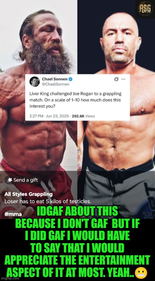 Funny | IDGAF ABOUT THIS BECAUSE I DON'T GAF  BUT IF I DID GAF I WOULD HAVE TO SAY THAT I WOULD APPRECIATE THE ENTERTAINMENT ASPECT OF IT AT MOST. YEAH..😬 | image tagged in funny,idgaf,liver,mma,joe rogan,fight | made w/ Imgflip meme maker