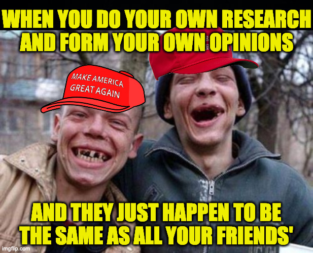 Great minds thinking alike. | WHEN YOU DO YOUR OWN RESEARCH AND FORM YOUR OWN OPINIONS; AND THEY JUST HAPPEN TO BE
THE SAME AS ALL YOUR FRIENDS' | image tagged in memes,ugly twins,maga | made w/ Imgflip meme maker