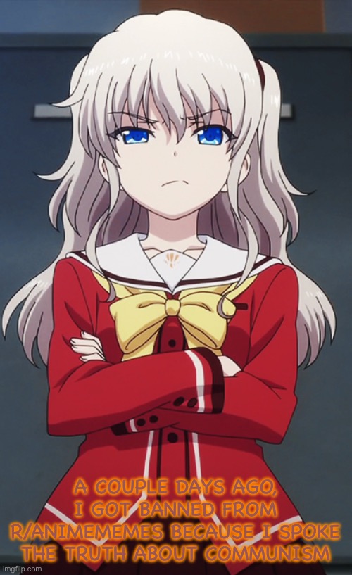 They permabanned me because they don’t want to know the truth and they can’t take criticism | A COUPLE DAYS AGO, I GOT BANNED FROM R/ANIMEMEMES BECAUSE I SPOKE THE TRUTH ABOUT COMMUNISM | image tagged in nao tomori cross,charlotte anime,charlotte,communism,reddit | made w/ Imgflip meme maker