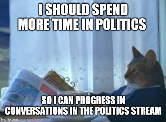 I Should Buy A Boat Cat | I SHOULD SPEND MORE TIME IN POLITICS; SO I CAN PROGRESS IN CONVERSATIONS IN THE POLITICS STREAM | image tagged in memes,i should buy a boat cat | made w/ Imgflip meme maker