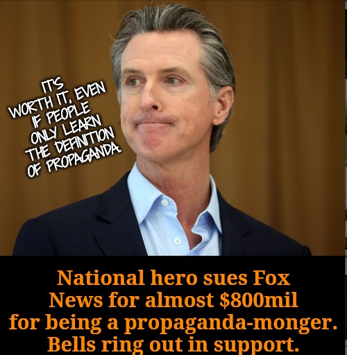 National Hero Sues Fox News | IT'S WORTH IT, EVEN IF PEOPLE ONLY LEARN THE DEFINITION OF PROPAGANDA. National hero sues Fox News for almost $800mil for being a propaganda-monger. Bells ring out in support. | image tagged in fox news,gavin,gavin is a hero,propaganda | made w/ Imgflip meme maker