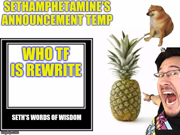 Seth's announcement temp | WHO TF IS REWRITE | image tagged in seth's announcement temp | made w/ Imgflip meme maker