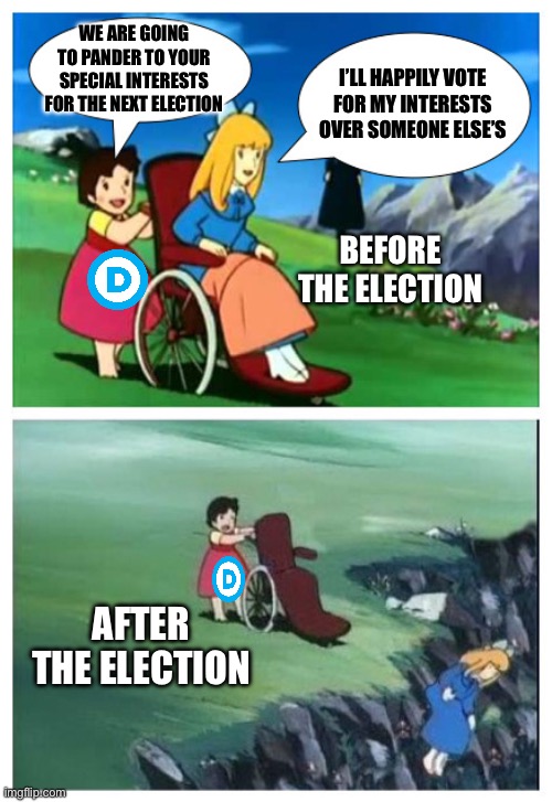 Heidi from Hell | WE ARE GOING TO PANDER TO YOUR SPECIAL INTERESTS FOR THE NEXT ELECTION; I’LL HAPPILY VOTE FOR MY INTERESTS OVER SOMEONE ELSE’S; BEFORE THE ELECTION; AFTER THE ELECTION | image tagged in heidi from hell | made w/ Imgflip meme maker