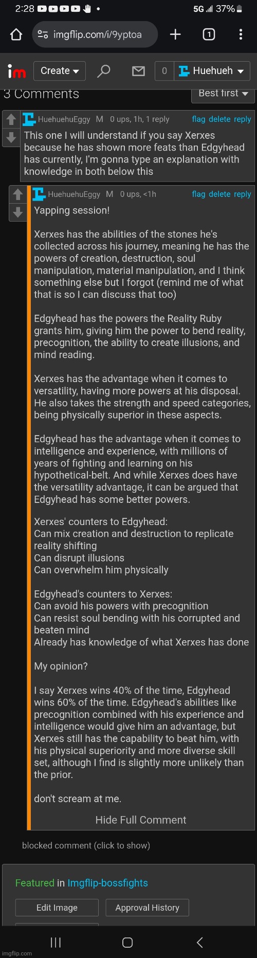 screenshot of the entire article I wrote about Edgyhead vs Xerxes in Shivers comment section | made w/ Imgflip meme maker