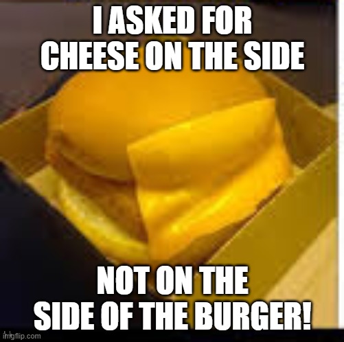 cheese burger | I ASKED FOR CHEESE ON THE SIDE; NOT ON THE SIDE OF THE BURGER! | image tagged in burger | made w/ Imgflip meme maker